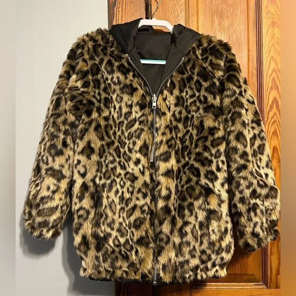 AE Reversible Faux Leopard Fur Hooded Coat XS - Picture 4 of 5